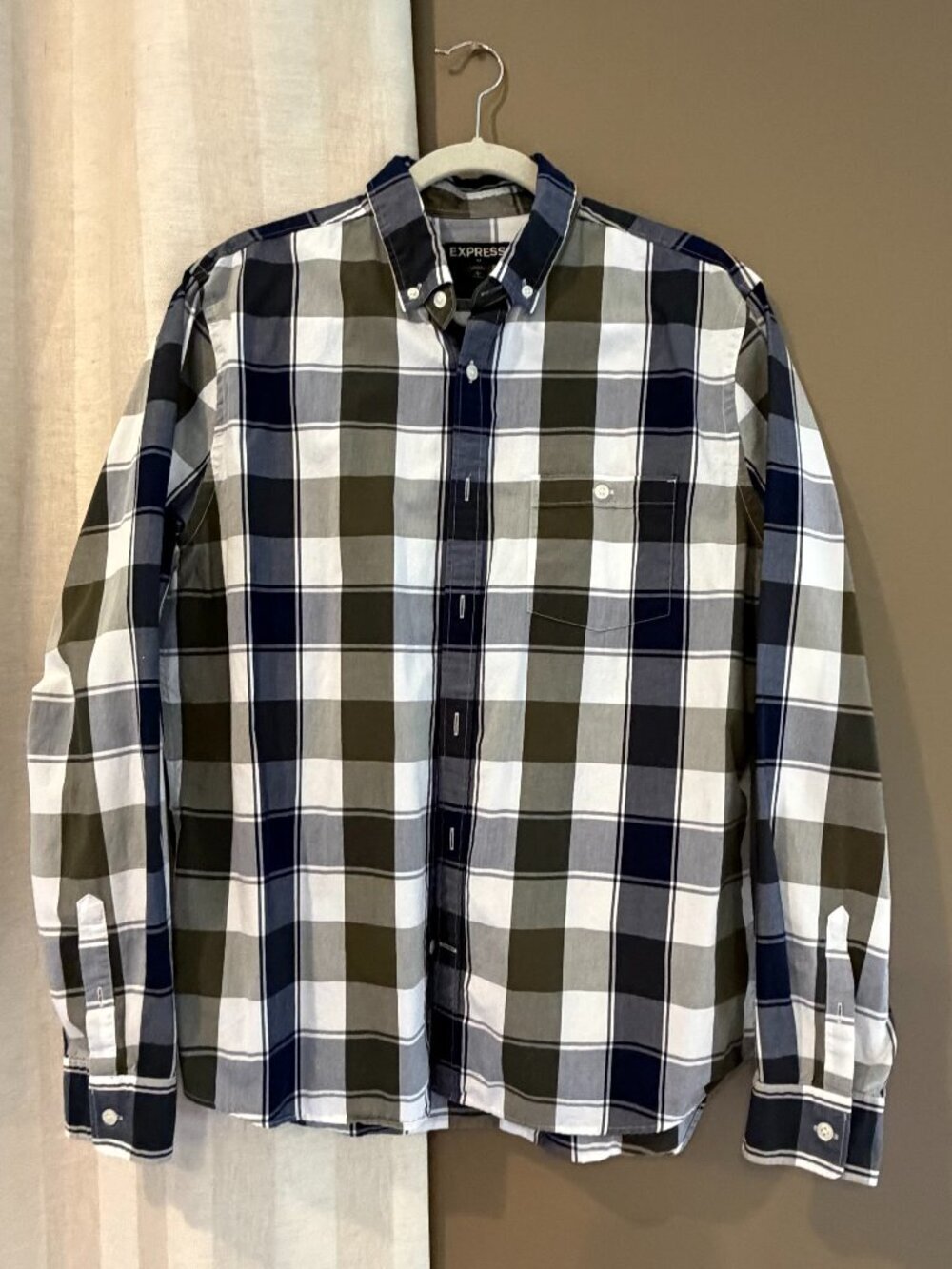 Express Army Green Navy Plaid Cotton Long Sleeve Button Down, Size Large